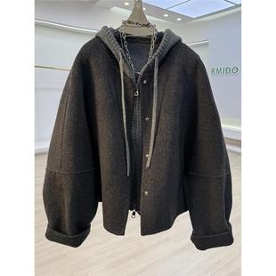 老渠道货!蝙蝠袖双面呢羊毛大衣外套女小个子连帽针织马甲两件套