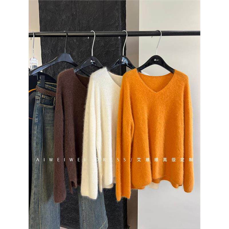 怒推！外贸单品质，绵羊毛+山羊绒拉绒JU柔亲肤及简V领慵懒毛衣女