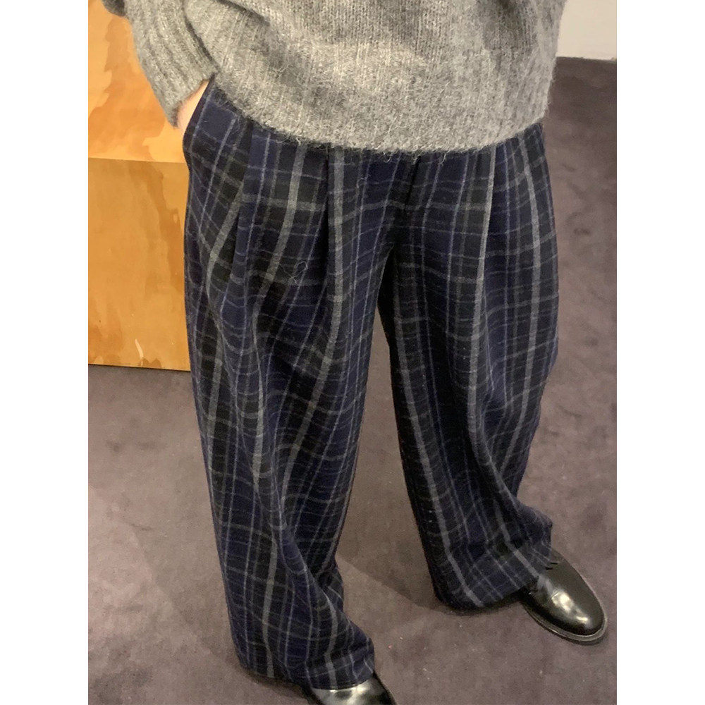 藏蓝色格纹慵懒厚实阔腿裤2024秋季爆款绝美高腰显瘦休闲直筒裤女,女装/女士精品,卫裤,淘宝优惠券,粉丝福利购,淘宝优惠卷