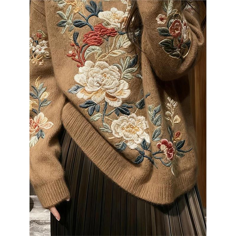 新中式女装国风刺绣毛衣高级感超好看宽松针织上衣女2025秋季新款