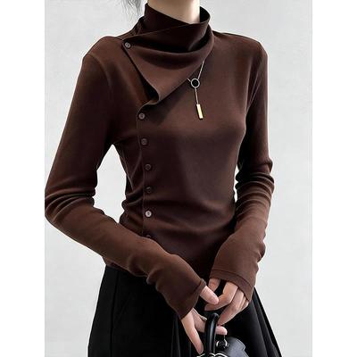 秋冬季独特复古半高领针织打底衫女内搭高级设计感棕色不规则上衣