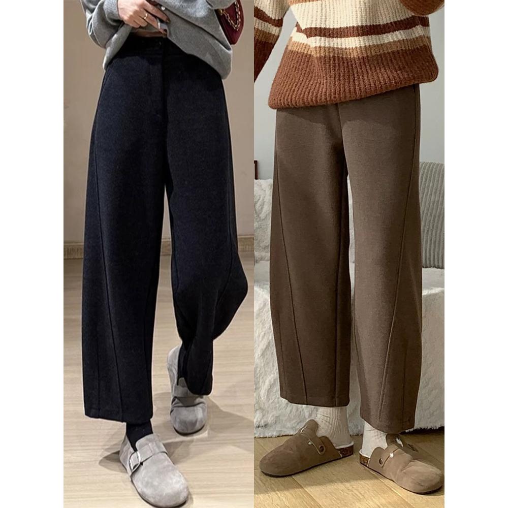 毛呢直筒休闲裤女大码秋款胖妹妹mm宽松显瘦梨形身材哈伦阔腿裤子