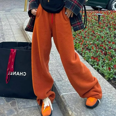 清仓捡漏~专柜撤回橙色加绒加厚裤子女冬宽松显瘦保暖系带阔腿裤