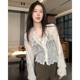 新款 法式 女2024秋季 内搭蕾丝打底衫 钩花镂空洋气别致上衣 V领长袖