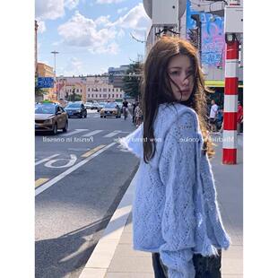 奶fufu软糯宽松慵懒风休闲长袖 毛衣 外套女2025春秋季 蓝色针织开衫