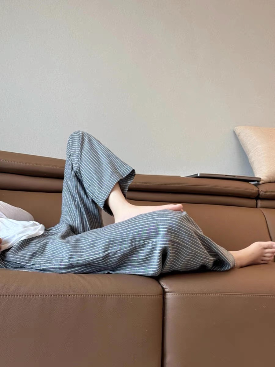 CHAO级！太舒服了~灰色条纹棉麻裤小个子显腿直抽绳休闲长裤