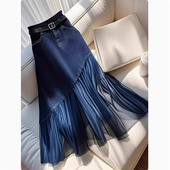 一线大品牌清仓捡漏小个子高腰显瘦a字裙蓝色牛仔拼接网纱半身裙