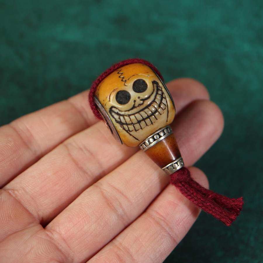 22mm手工雕刻嵌铜尸陀林主阿呆三通藏式文玩佛珠老灵骨念珠佛头