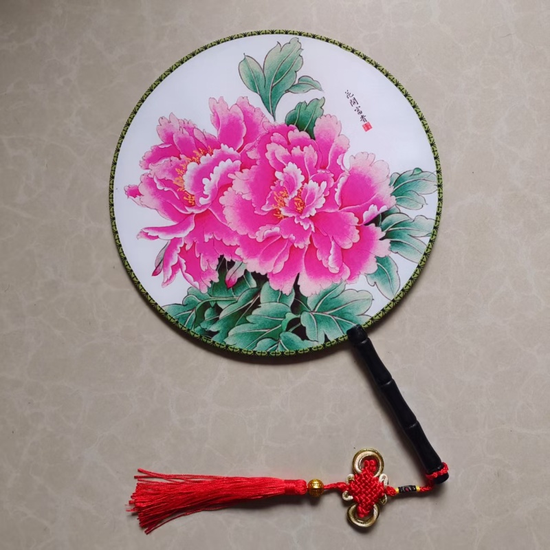 团扇茉莉花舞蹈旗袍美人扇子中国风青花瓷双面圆扇长坠子花开富贵