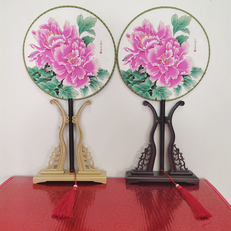 团扇茉莉花舞蹈长柄扇子旗袍美人中国风蓝花开富贵双面宫廷圆扇子