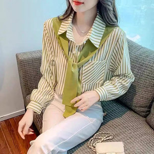 学院风假两件条纹衬衫女春秋新款休闲百搭宽松上衣设计感披肩衬衣