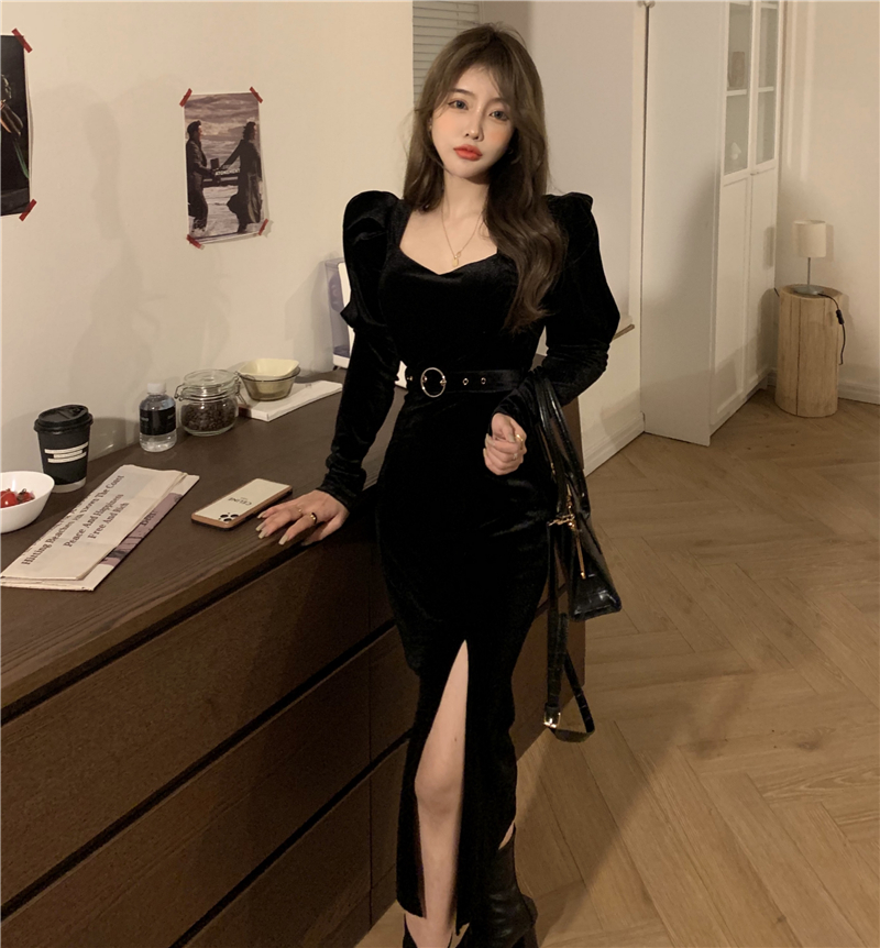 Real price sexy show thin temperament court style velvet temperament bubble sleeve split dress long skirt with belt