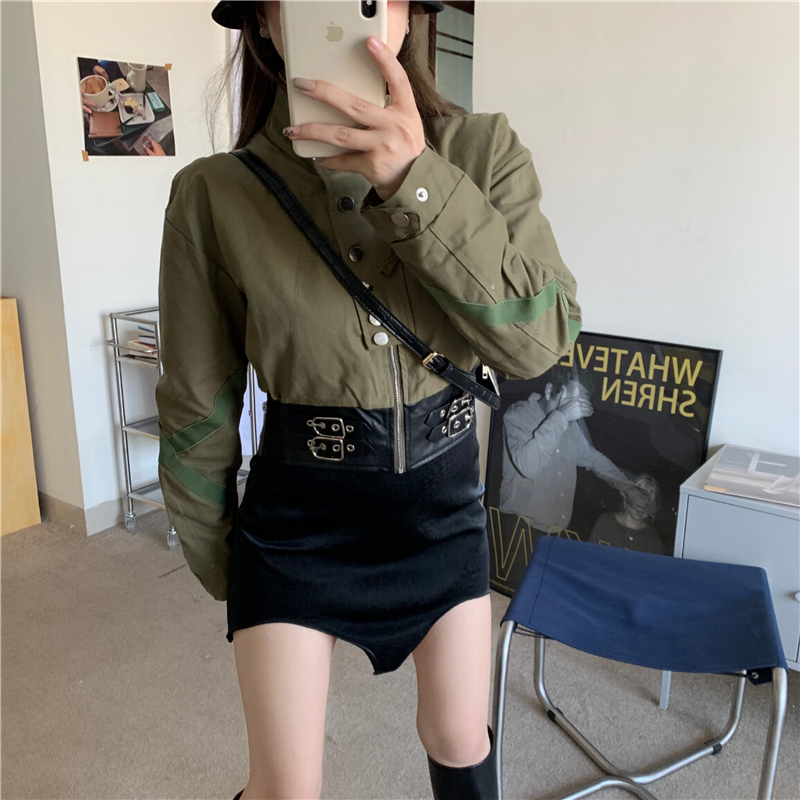 Real price short military green frock collar jacket + irregular high waist velvet design casual skirt