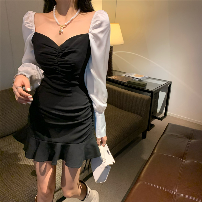 Real shot real price ~ close waist show thin drawstring heart mechanism Hip Wrap Hepburn little black skirt French style Platycodon design dress