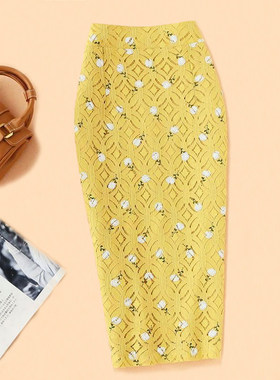 法式小碎花包裙黄色蕾丝半身裙女夏季新款高腰一步裙中长裙包臀裙