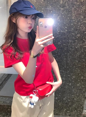 多巴胺棉红色短袖t恤女款正肩夏季修身显瘦韩式绝美小衫上衣内搭