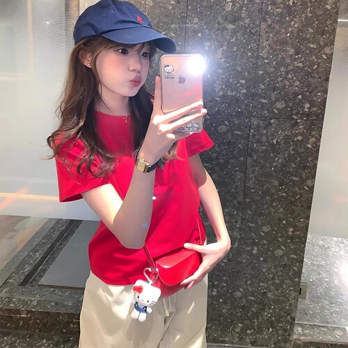 多巴胺棉红色短袖t恤女款正肩