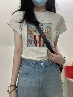 潮牌印花短袖上衣ins女生夏季小众不撞款棉正肩修身显瘦短款t恤衫