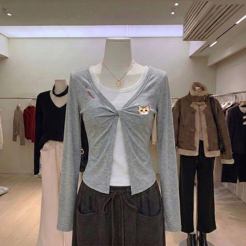 别致设计感扭结假两件长袖T恤女