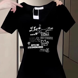 chic甜辣穿搭棉v领短袖t恤女款正肩夏季修身短款小上衣设计感小众