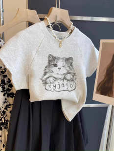 洋气修身短袖小上衣女款2026新款重磅棉小猫印花短款t恤衫夏季ins