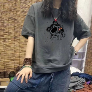 宽松大版oversize体恤上衣夏季深灰色显白正肩棉短袖t恤女款百搭