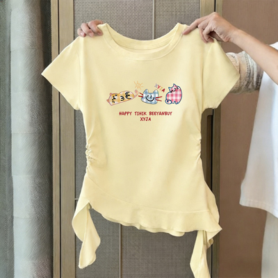 奶fufu黄色卡通印花正肩短袖t恤