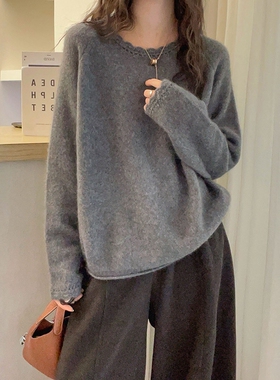 复古灰色圆领秋冬季女长袖毛衣花边宽松上衣韩系慵懒针织衫设计感