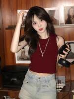 A popular letter-printed top for women, a summer rose red heavy cotton slimming and form-fitting short halter top T-shirt thumbnail 5