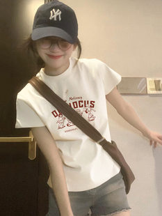 超火棉短袖上衣女生夏季美式潮牌正肩甜辣妹修身显瘦短款t恤衫ins