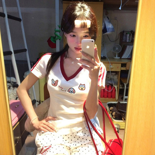 韩系chic别致V领短袖t恤女夏修身