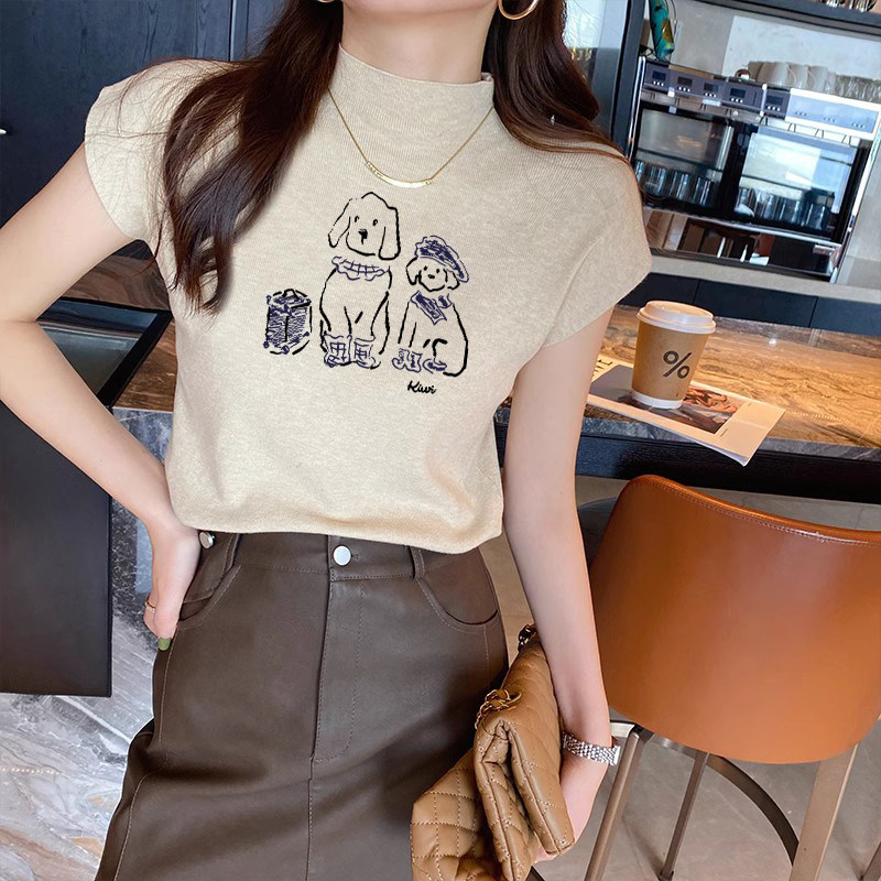 半高领修身短袖t恤女生2026夏季卡通小狗印花正肩针织小飞袖上衣