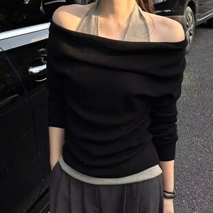 时尚气质百搭露肩上衣女秋冬修身显瘦一字领假两件挂脖针织T恤衫