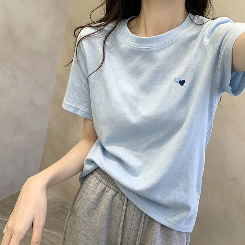 奶fufu蓝色爱心刺绣短袖T恤女夏图片