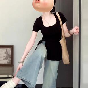 黑色u领正肩短袖t恤女款夏季2026新款设计感小众独特别致开叉上衣