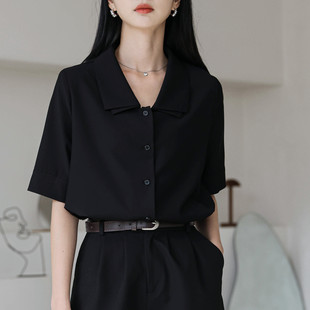 法式黑色宽松气质衬衫女设计感小众双层翻领短袖别致上衣夏季高级