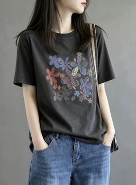 韩系灰色花朵印花短袖T恤女夏季内搭打底衫宽松显瘦休闲百搭上衣