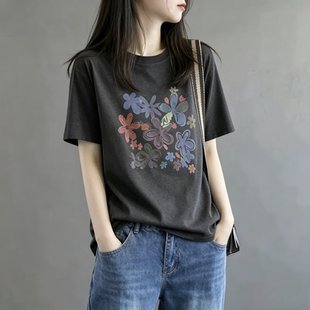 韩系灰色花朵印花短袖T恤女夏季内搭打底衫宽松显瘦休闲百搭上衣