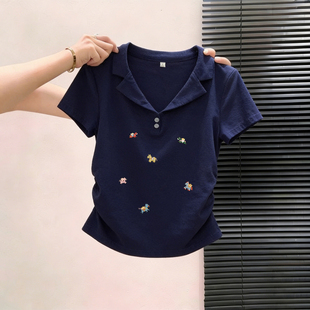 藏青色polo衫短袖t恤女夏季穿搭小个子褶皱收腰甜辣妹短款v领上衣