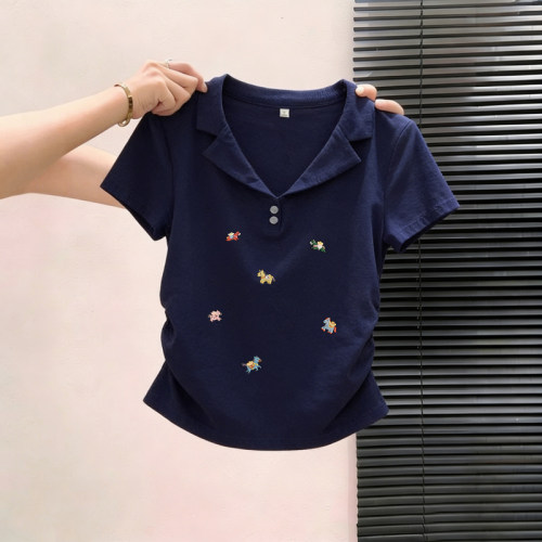 藏青色polo衫短袖t恤女夏季穿搭