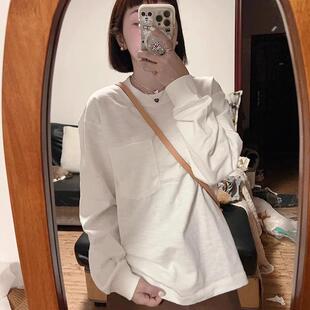 白色竹节棉长袖t恤女款内搭打底衫秋冬新款oversize宽松卫衣春季