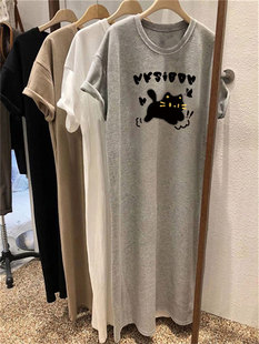 胖mm过膝短袖t恤裙女款夏季流行浅灰色棉宽松慵懒风中长款连衣裙