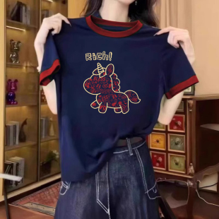 时尚 藏青色正肩拼色短袖 韩版 2026新款 洋气减龄百搭上衣 t恤女夏季