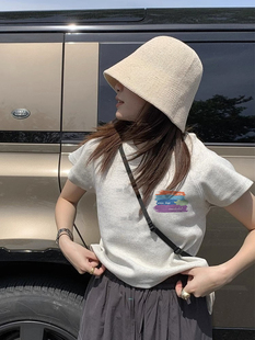 夏季 甜辣妹t恤上衣ins女款 超火米灰色机能风正肩修身 显瘦短袖 小衫