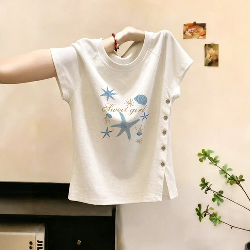 韩系白色开叉纽扣正肩短袖t恤女