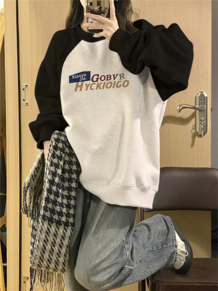 创意字母印花卫衣女冬季宽松圆领套头外套加厚情侣款撞色拼接长袖