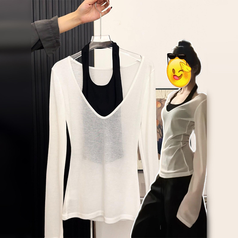 辣妹白色v领收腰长袖t恤女夏季2026新款修身防晒罩衫性感透视上衣