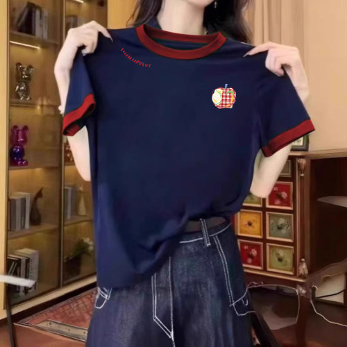 夏季撞色拼接圆领宽松短袖T恤女