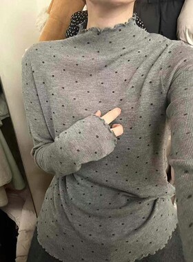 灰色半高领打底衫女秋冬内搭波点