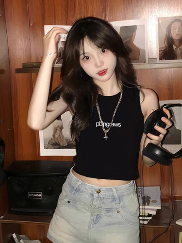 美式黑色短款修身背心女夏季